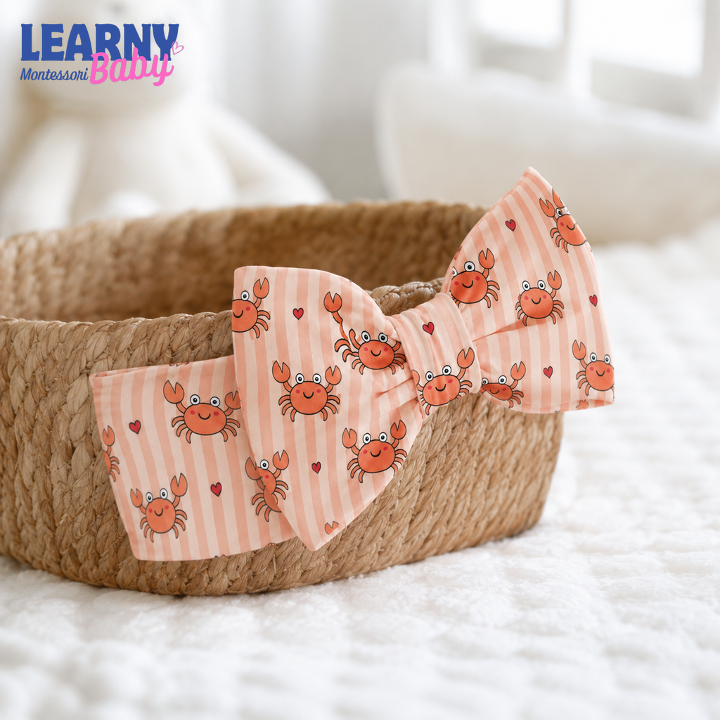 Cute Crab Bamboo Baby Bow Headband, Coastal Newborn Headwrap, Ocean Baby Girl Hair Accessory, Summer Baby Gift