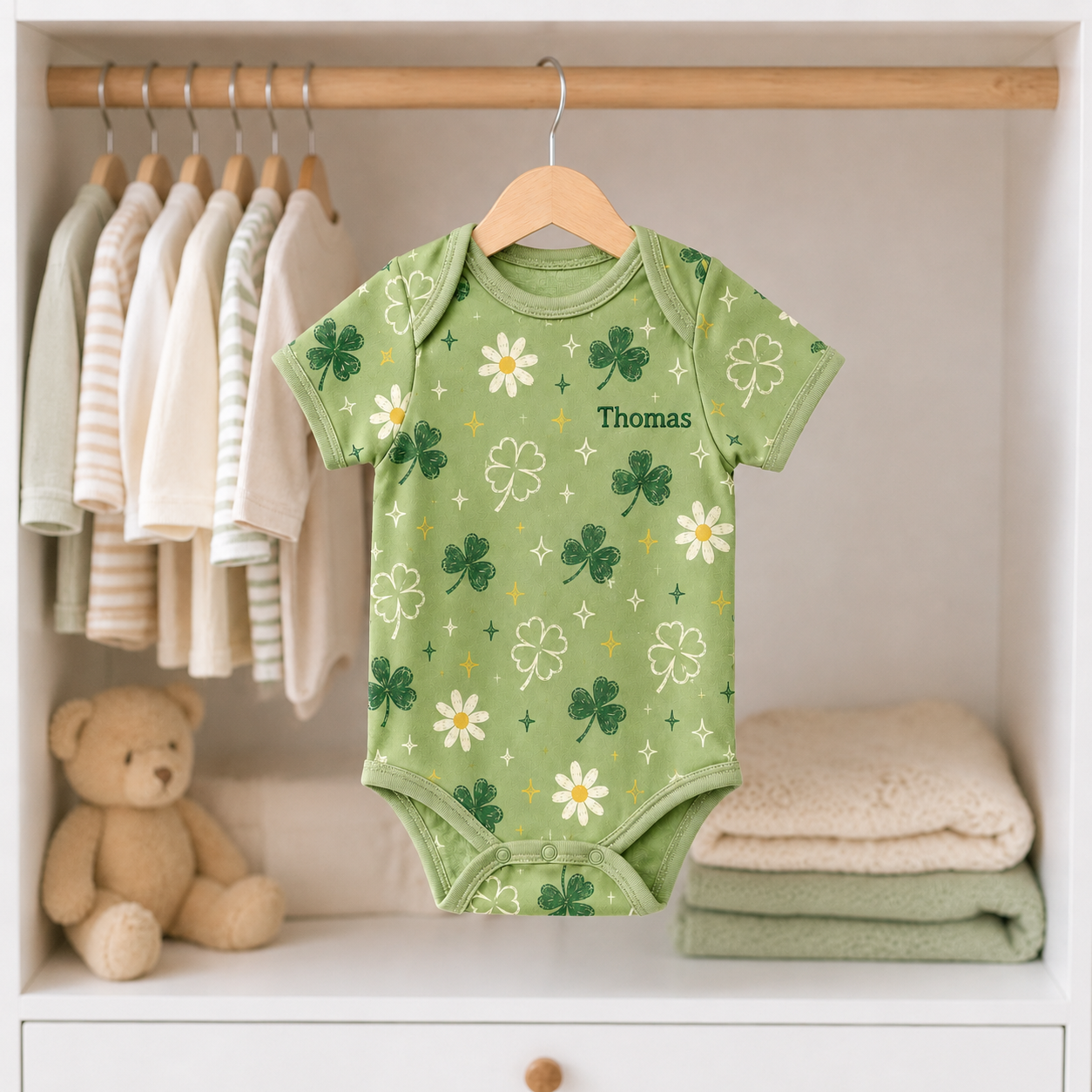 Personalized Shamrock Bamboo Baby Bodysuit – Lucky Clover and Daisy Infant Onesie