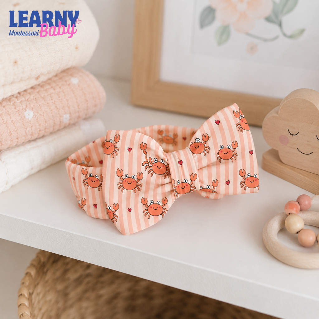 Cute Crab Bamboo Baby Bow Headband, Coastal Newborn Headwrap, Ocean Baby Girl Hair Accessory, Summer Baby Gift