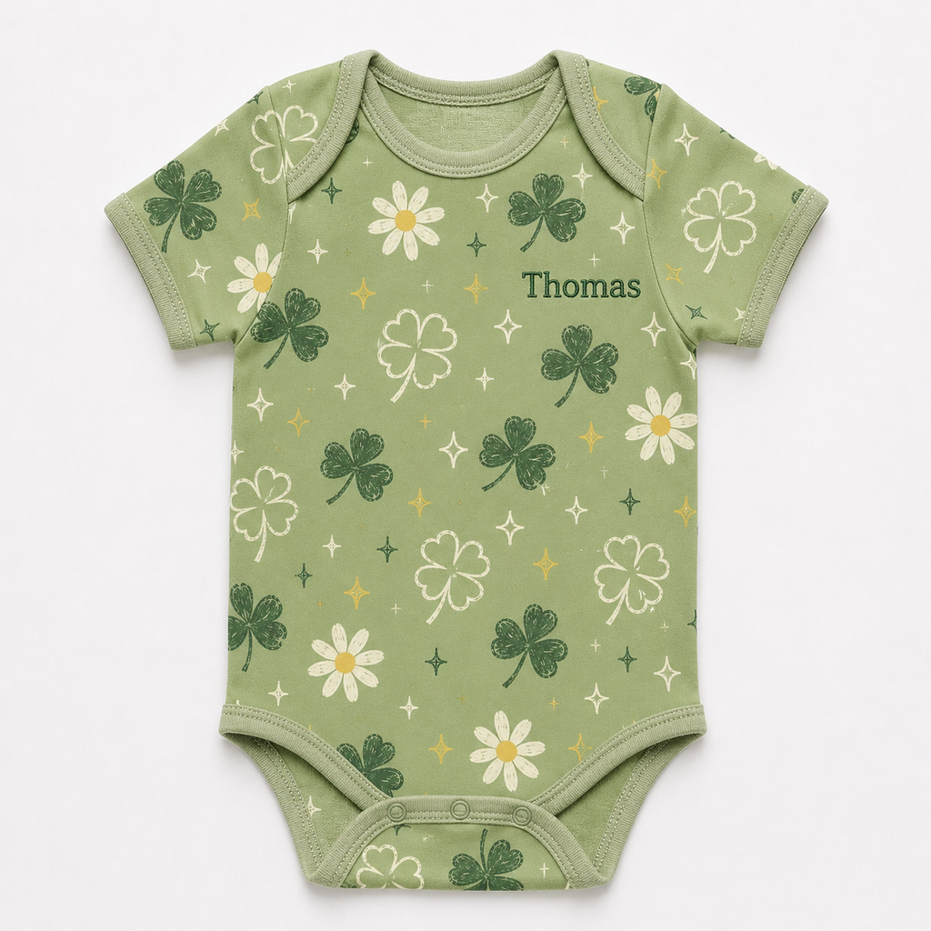 Personalized Shamrock Bamboo Baby Bodysuit – Lucky Clover and Daisy Infant Onesie
