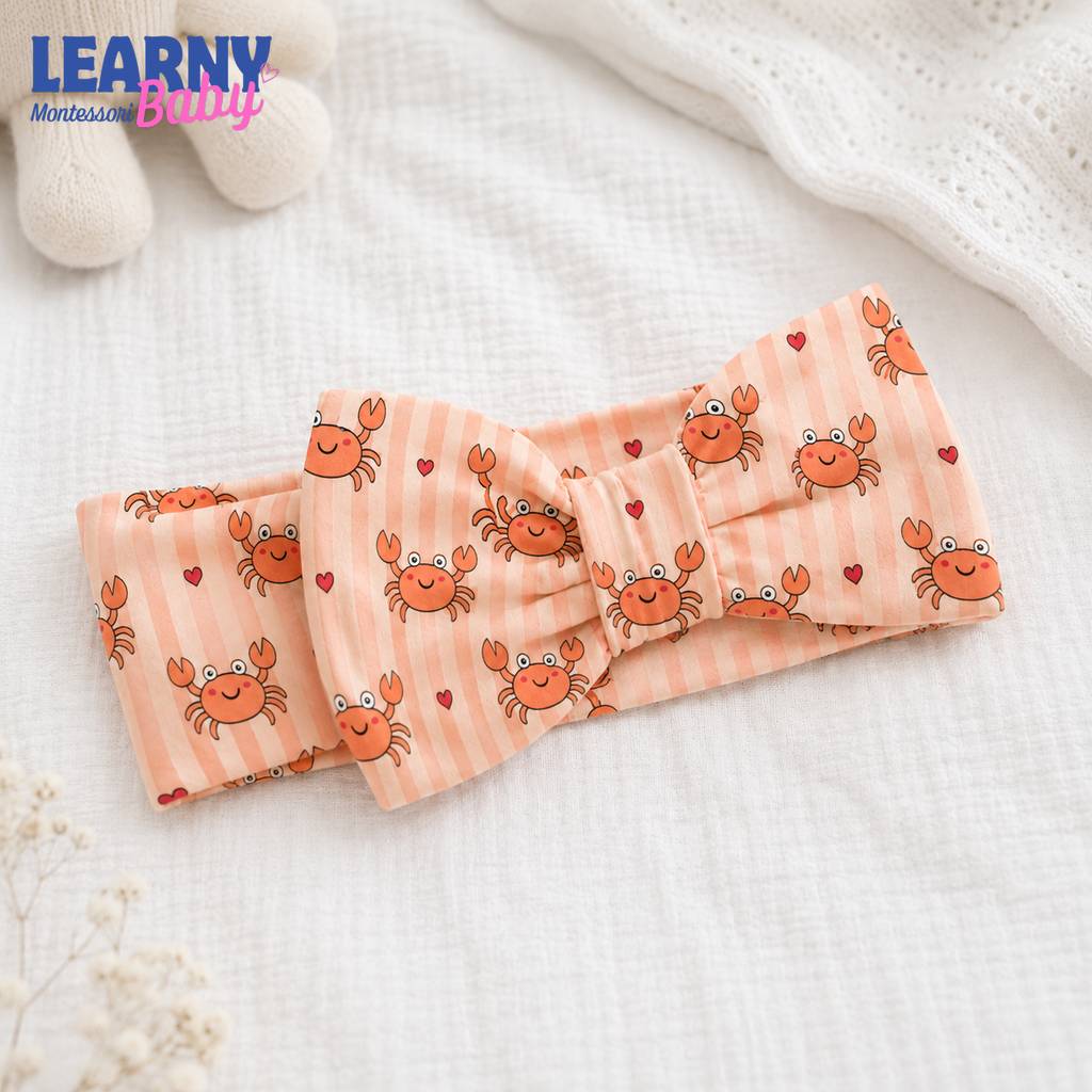 Cute Crab Bamboo Baby Bow Headband, Coastal Newborn Headwrap, Ocean Baby Girl Hair Accessory, Summer Baby Gift