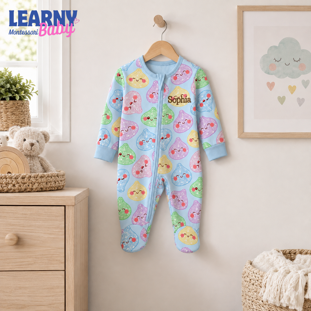Personalized Cute Dumpling Bamboo Footie Zippy for Baby, Kawaii Baby Pajamas, Colorful Baby Sleeper