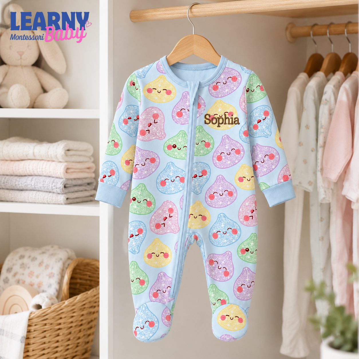 Personalized Cute Dumpling Bamboo Footie Zippy for Baby, Kawaii Baby Pajamas, Colorful Baby Sleeper
