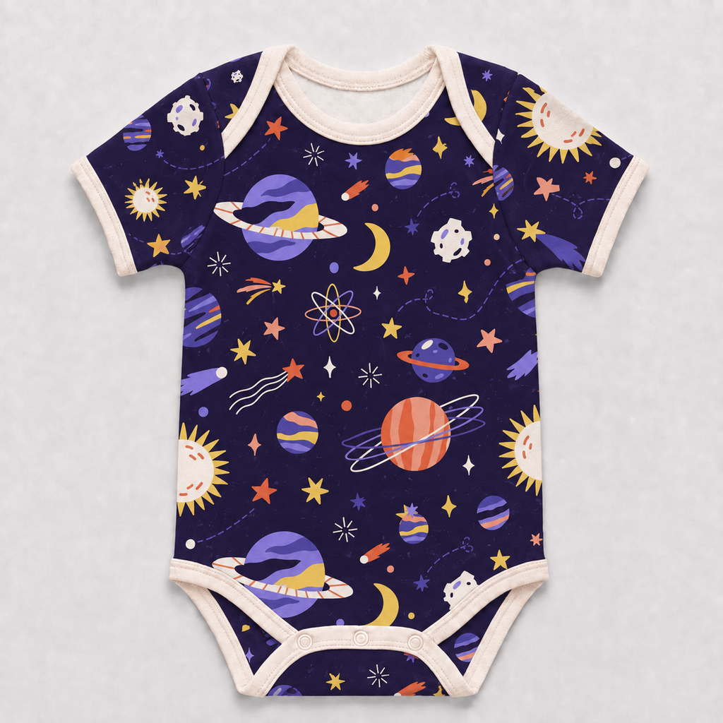 Outer Space Bamboo Baby Bodysuit – Colorful Planets, Stars and Moon Infant Onesie