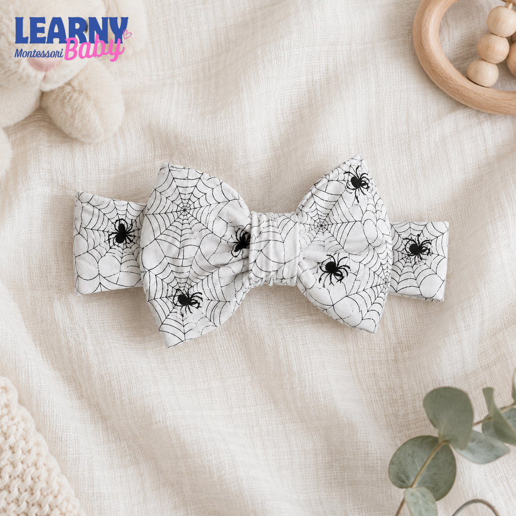 Spider Web Bamboo Baby Bow Headband, Black and White Halloween Newborn Headwrap, Spooky Baby Girl Hair Accessory