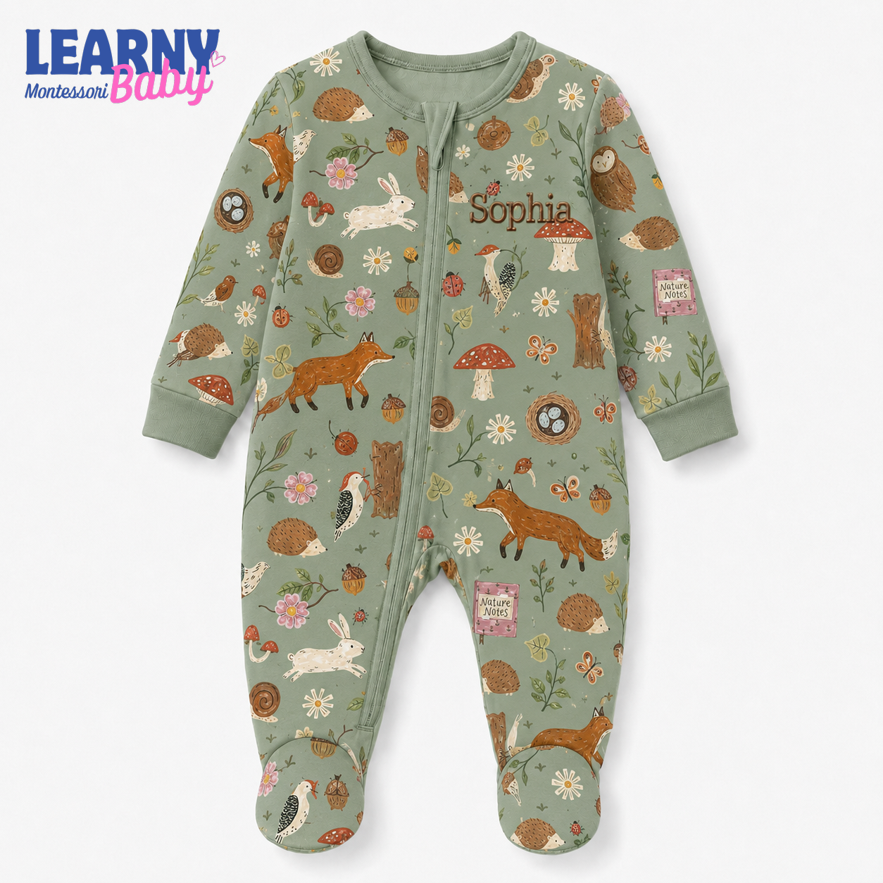 Personalized Woodland Bamboo Footie Zippy for Baby, Forest Animal Baby Pajamas, Custom Name Sleeper