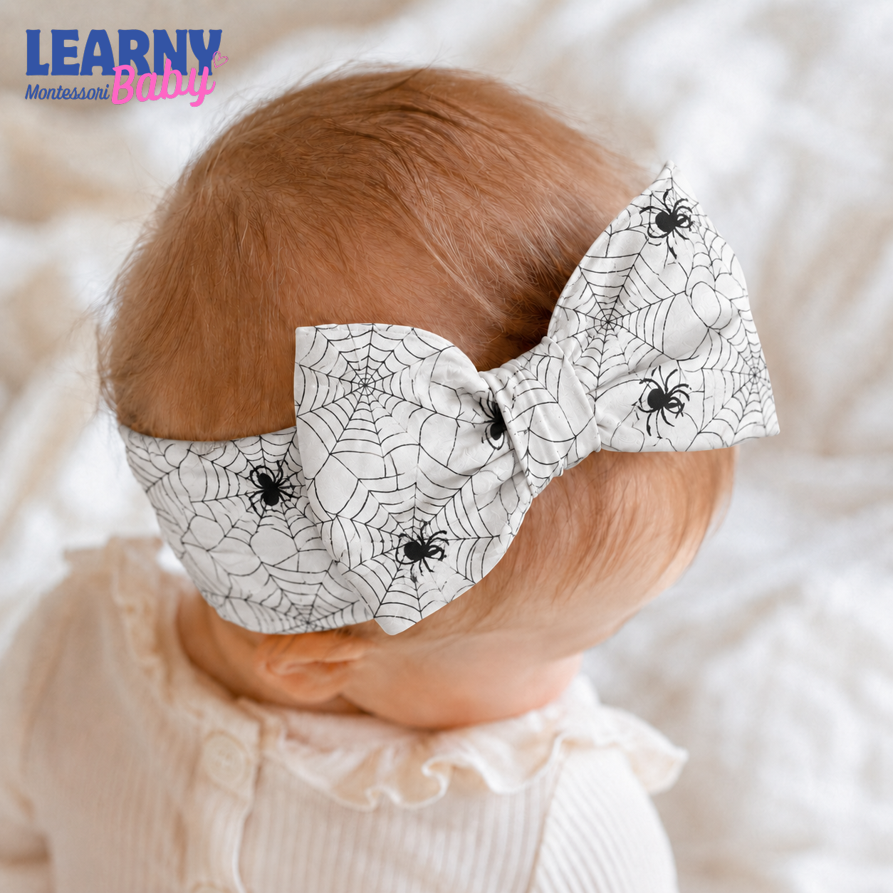 Spider Web Bamboo Baby Bow Headband, Black and White Halloween Newborn Headwrap, Spooky Baby Girl Hair Accessory
