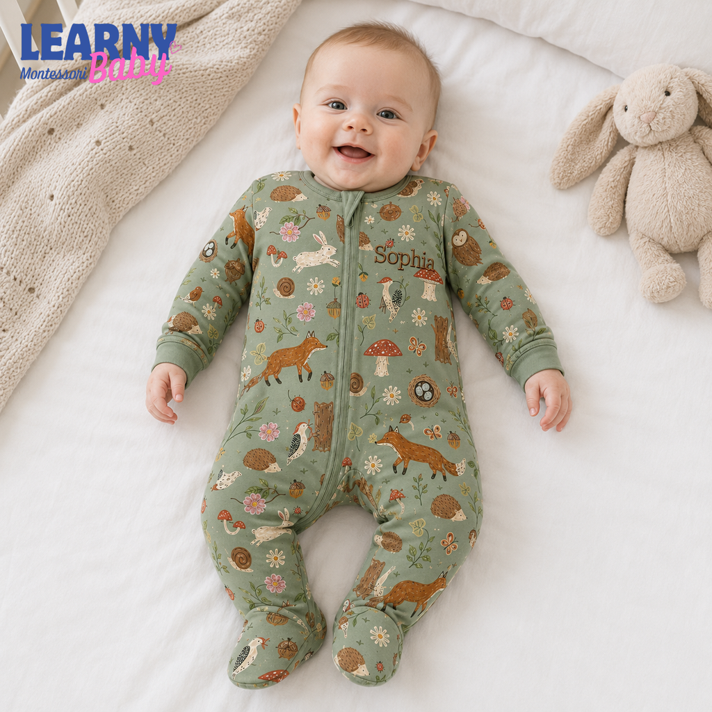 Personalized Woodland Bamboo Footie Zippy for Baby, Forest Animal Baby Pajamas, Custom Name Sleeper