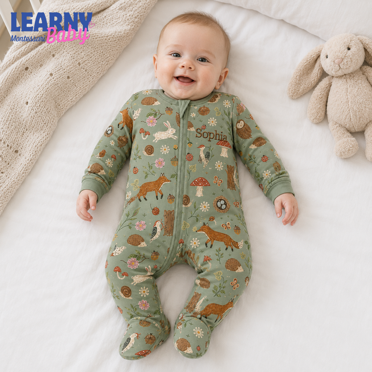 Personalized Woodland Bamboo Footie Zippy for Baby, Forest Animal Baby Pajamas, Custom Name Sleeper