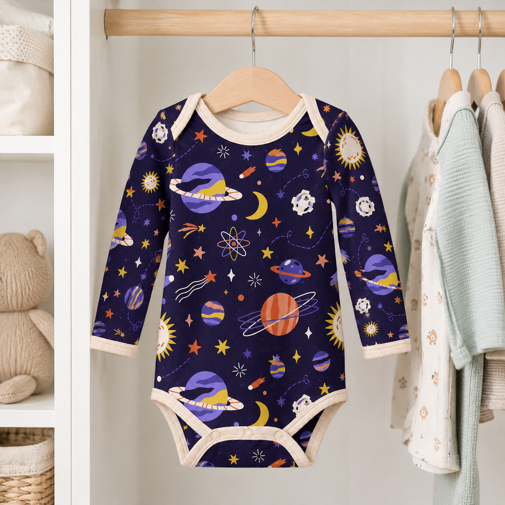 Outer Space Bamboo Baby Bodysuit – Colorful Planets, Stars and Moon Infant Onesie