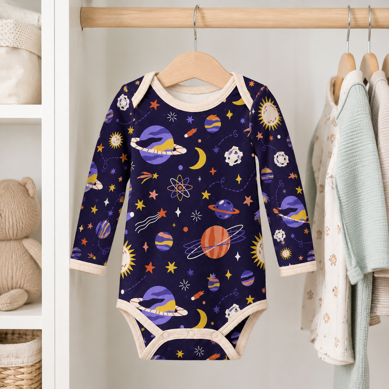 Outer Space Bamboo Baby Bodysuit – Colorful Planets, Stars and Moon Infant Onesie