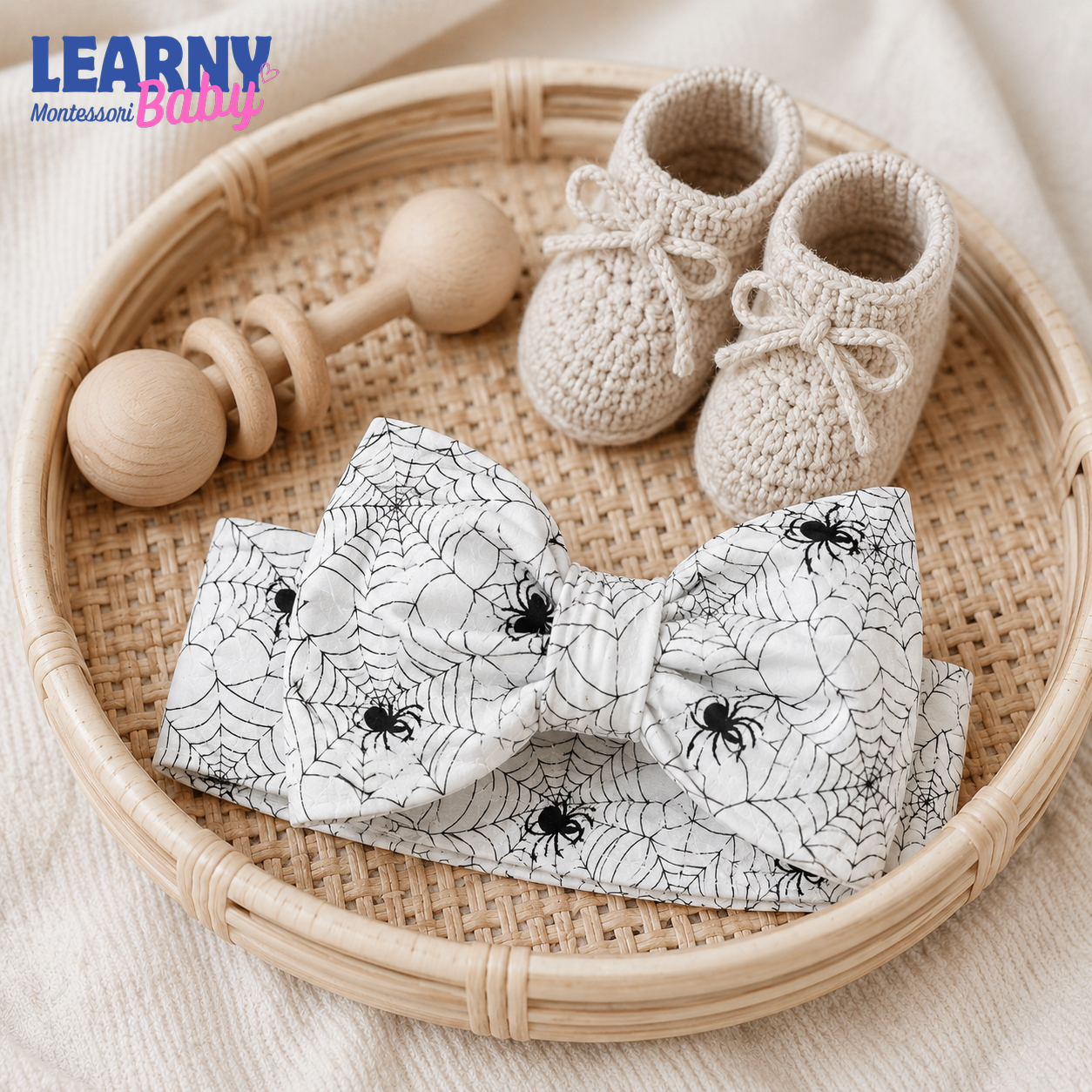 Spider Web Bamboo Baby Bow Headband, Black and White Halloween Newborn Headwrap, Spooky Baby Girl Hair Accessory
