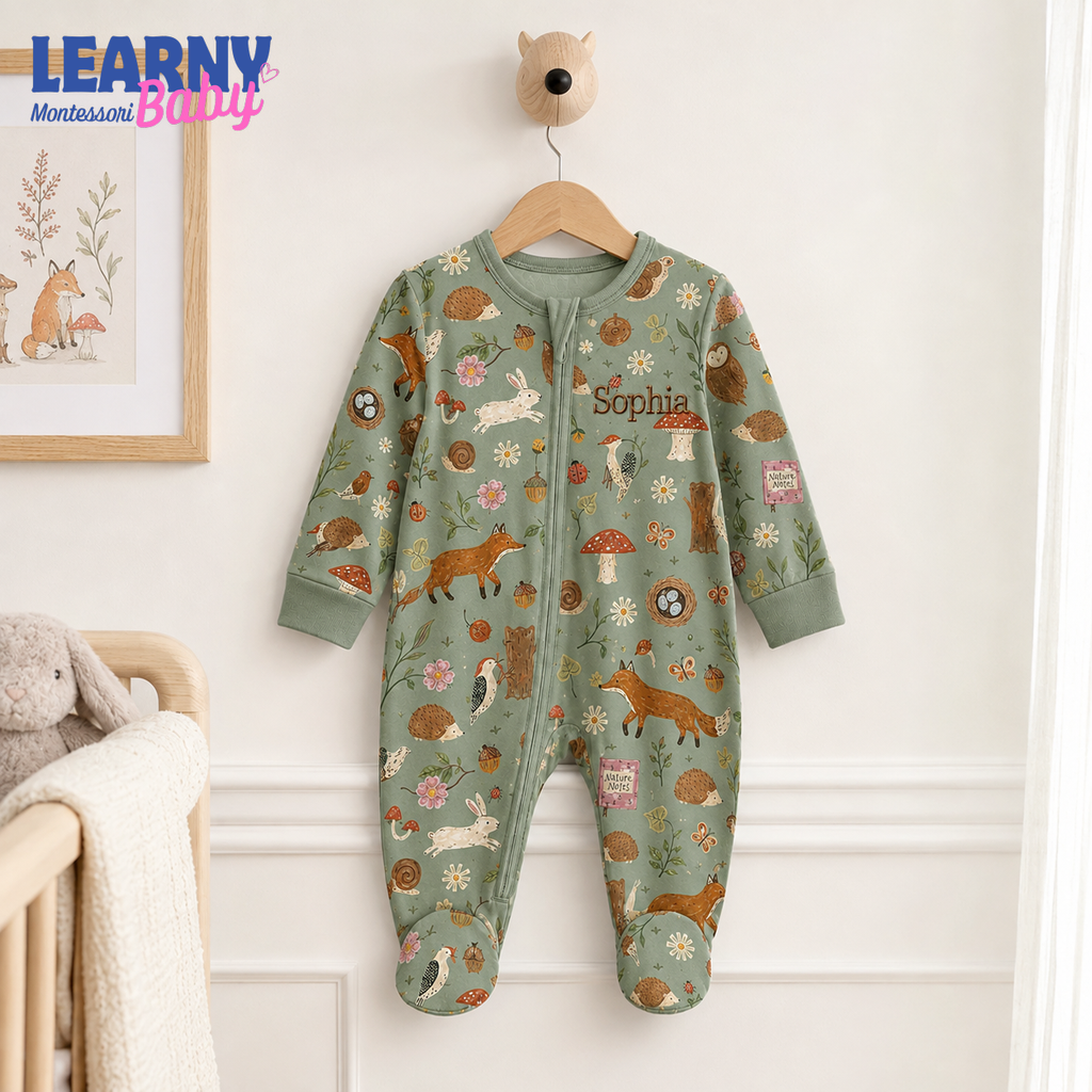 Personalized Woodland Bamboo Footie Zippy for Baby, Forest Animal Baby Pajamas, Custom Name Sleeper