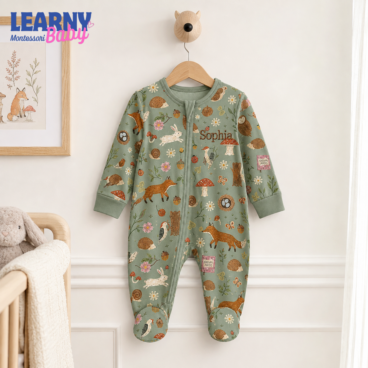 Personalized Woodland Bamboo Footie Zippy for Baby, Forest Animal Baby Pajamas, Custom Name Sleeper