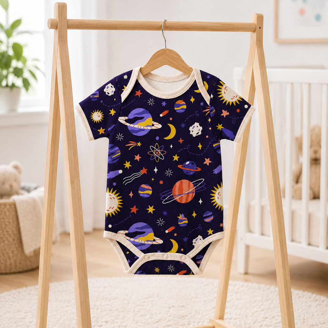 Outer Space Bamboo Baby Bodysuit – Colorful Planets, Stars and Moon Infant Onesie