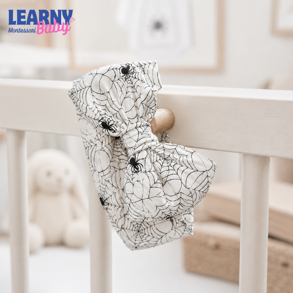Spider Web Bamboo Baby Bow Headband, Black and White Halloween Newborn Headwrap, Spooky Baby Girl Hair Accessory