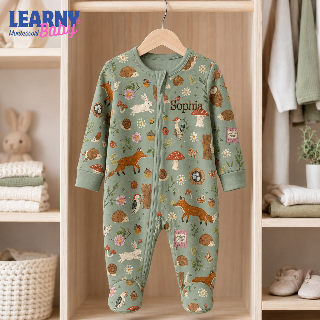 Personalized Woodland Bamboo Footie Zippy for Baby, Forest Animal Baby Pajamas, Custom Name Sleeper