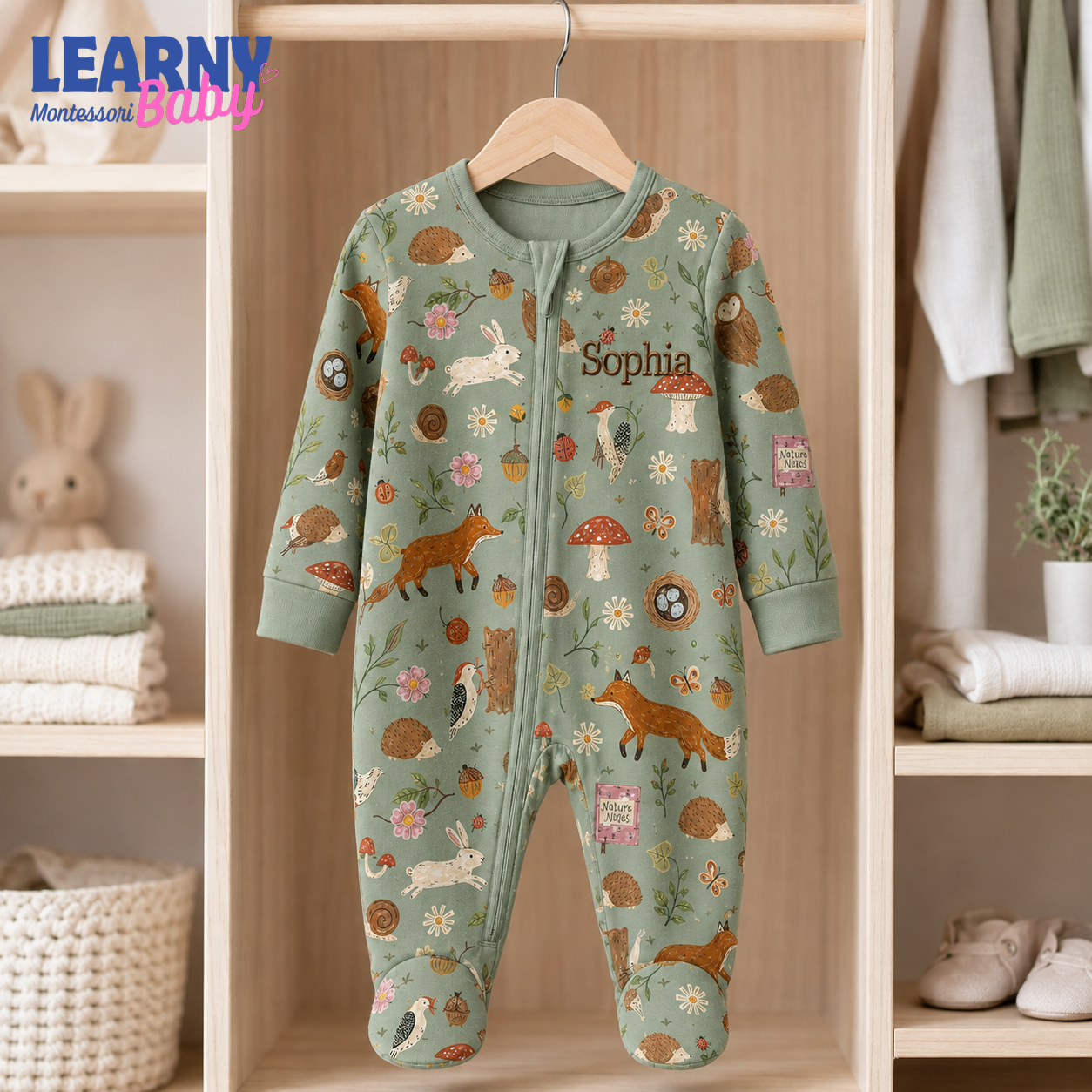 Personalized Woodland Bamboo Footie Zippy for Baby, Forest Animal Baby Pajamas, Custom Name Sleeper