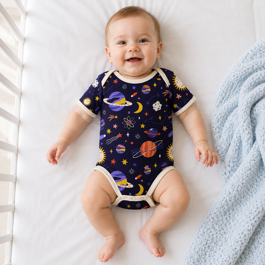 Outer Space Bamboo Baby Bodysuit – Colorful Planets, Stars and Moon Infant Onesie