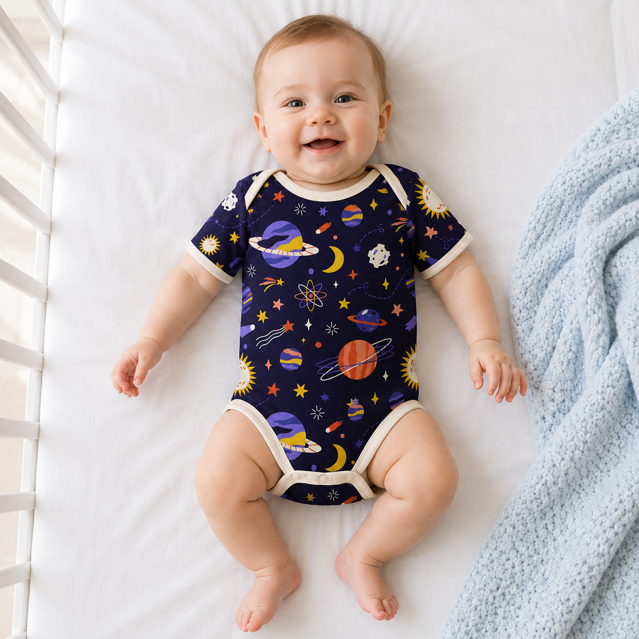 Outer Space Bamboo Baby Bodysuit – Colorful Planets, Stars and Moon Infant Onesie