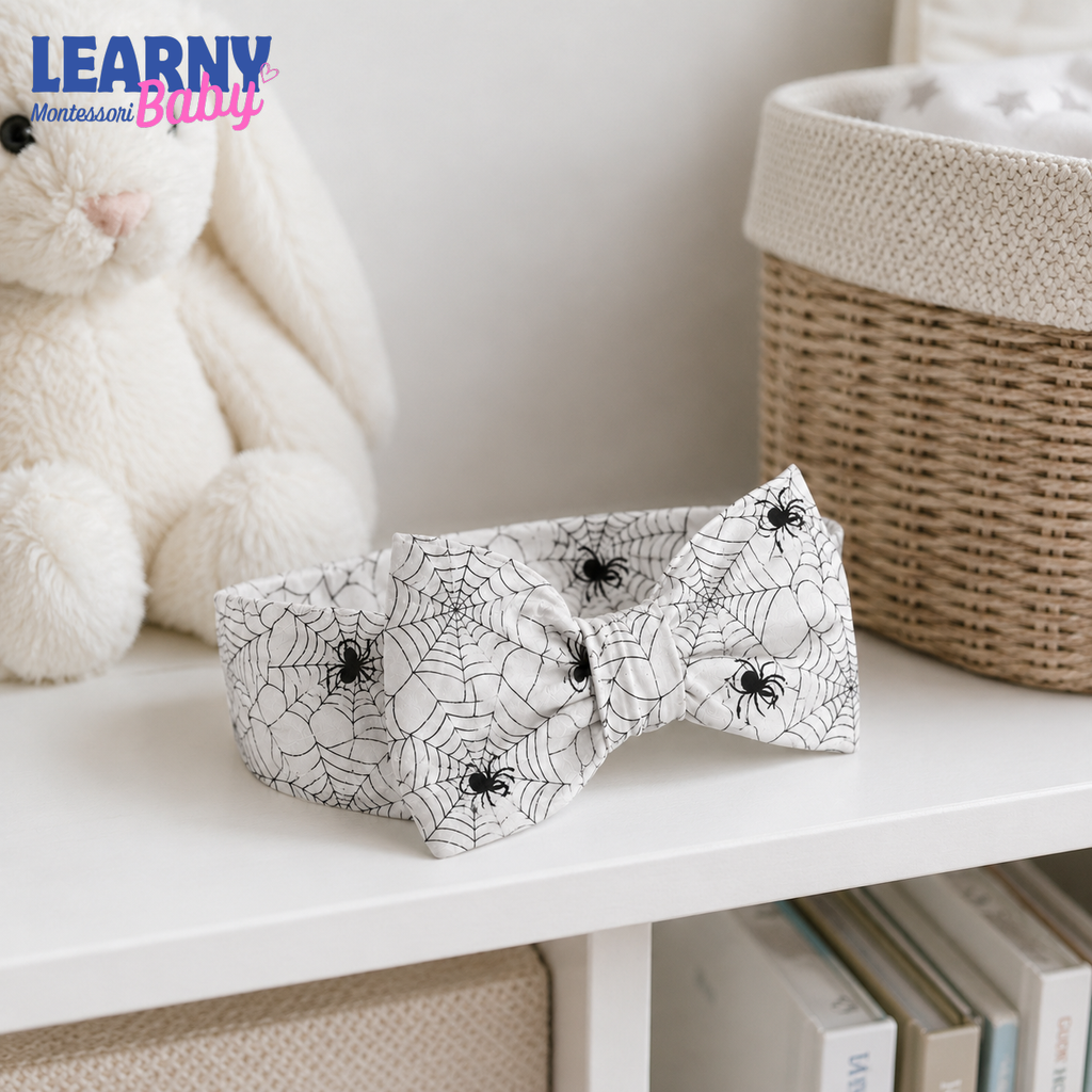 Spider Web Bamboo Baby Bow Headband, Black and White Halloween Newborn Headwrap, Spooky Baby Girl Hair Accessory