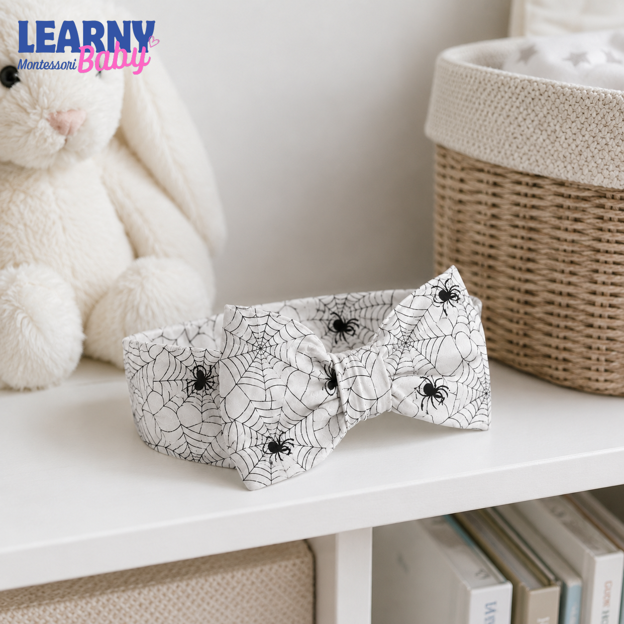 Spider Web Bamboo Baby Bow Headband, Black and White Halloween Newborn Headwrap, Spooky Baby Girl Hair Accessory