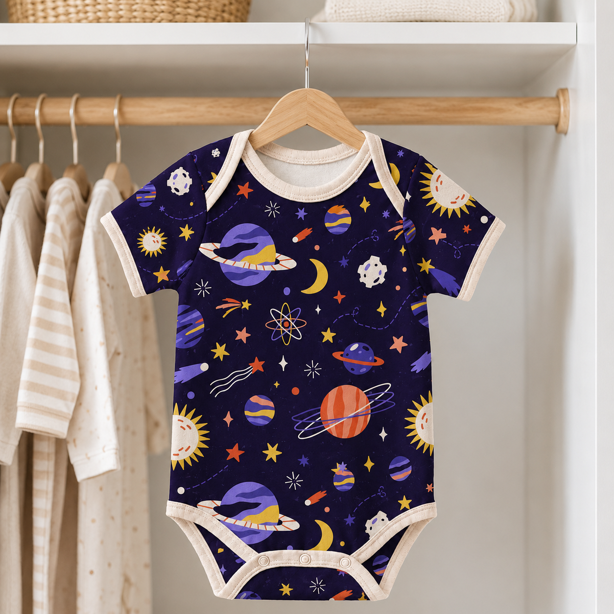 Outer Space Bamboo Baby Bodysuit – Colorful Planets, Stars and Moon Infant Onesie