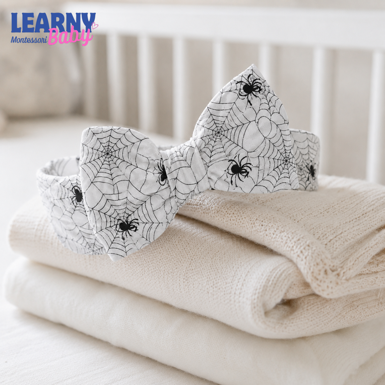 Spider Web Bamboo Baby Bow Headband, Black and White Halloween Newborn Headwrap, Spooky Baby Girl Hair Accessory