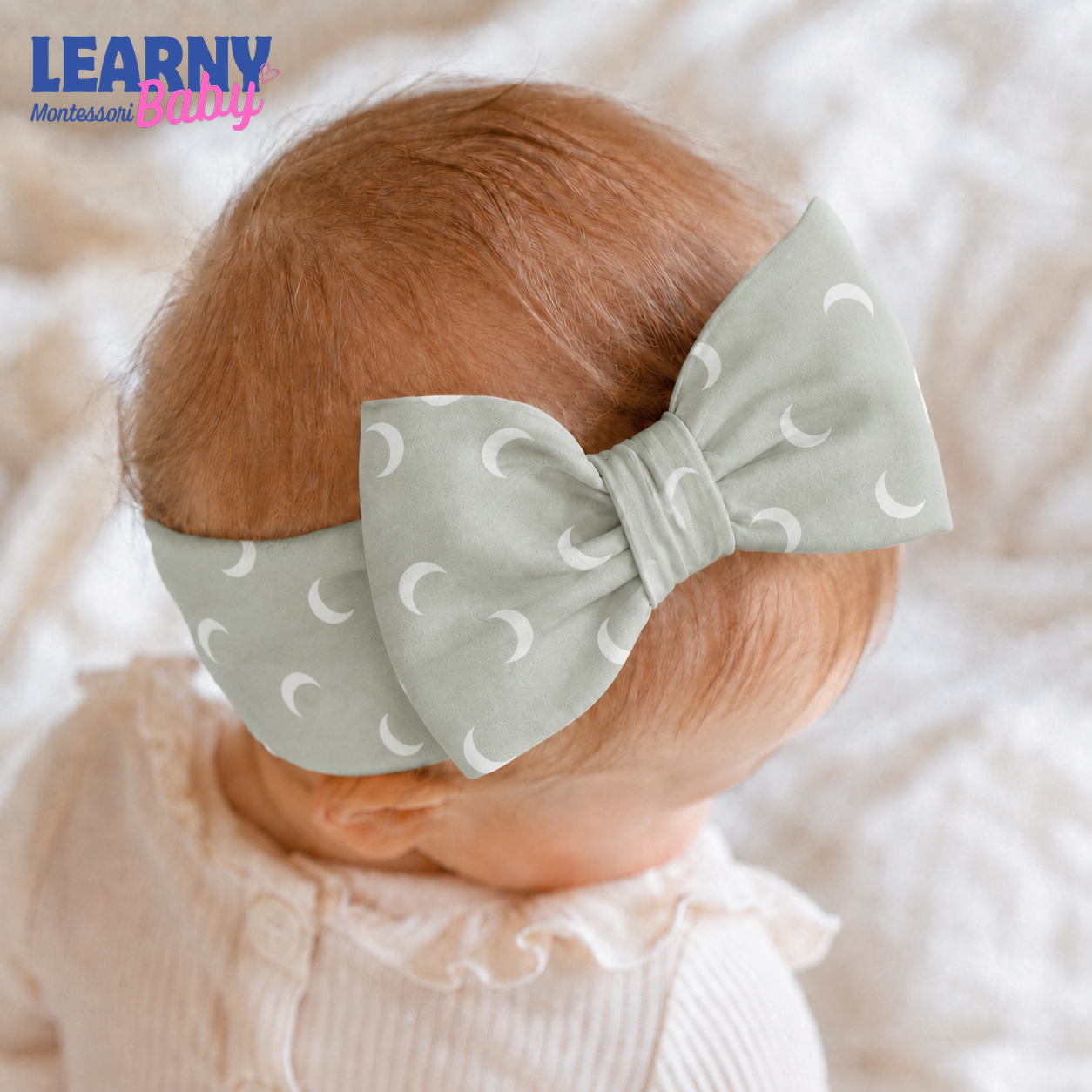Crescent Moon Bamboo Baby Bow Headband, Sage Green Newborn Headwrap, Celestial Baby Girl Hair Accessory