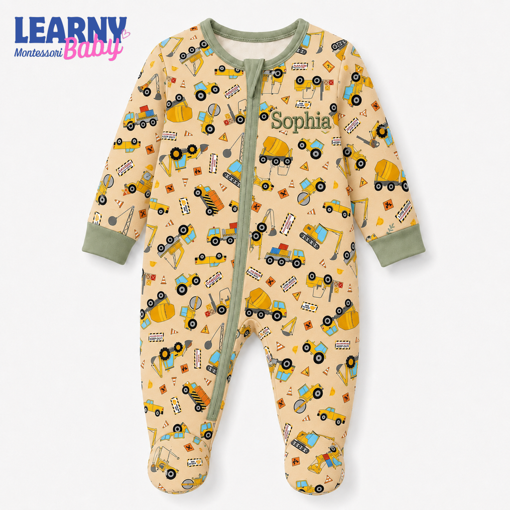 Personalized Construction Trucks Bamboo Footie Zippy for Baby, Construction Vehicle Baby Pajamas, Baby Boy Sleeper