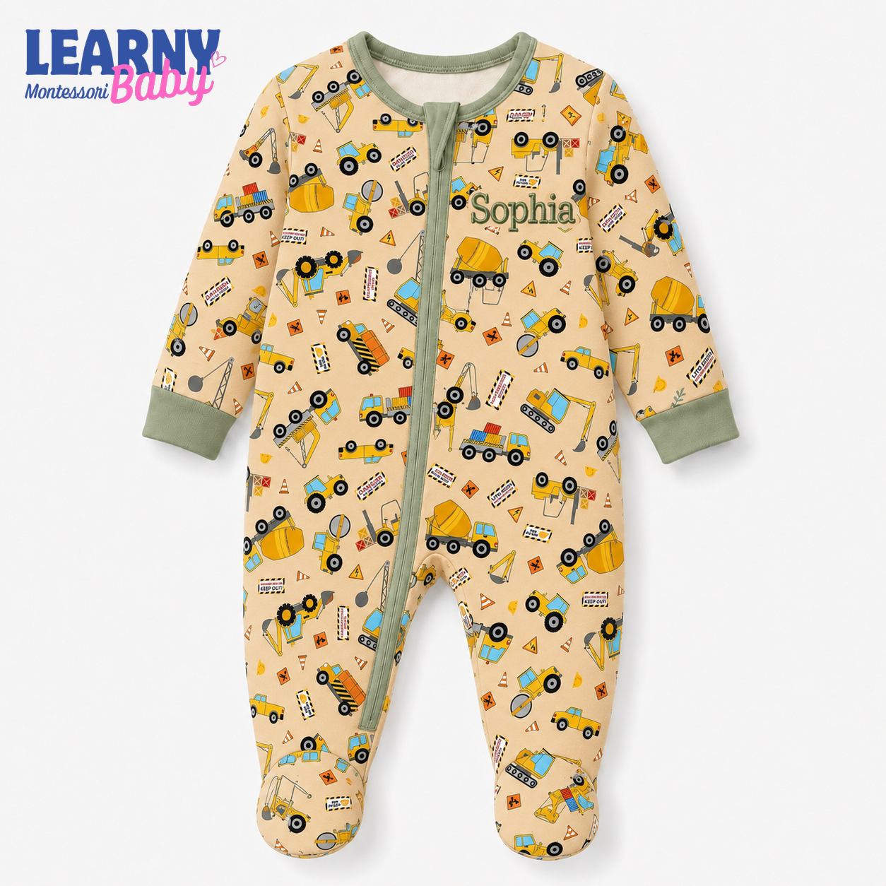 Personalized Construction Trucks Bamboo Footie Zippy for Baby, Construction Vehicle Baby Pajamas, Baby Boy Sleeper
