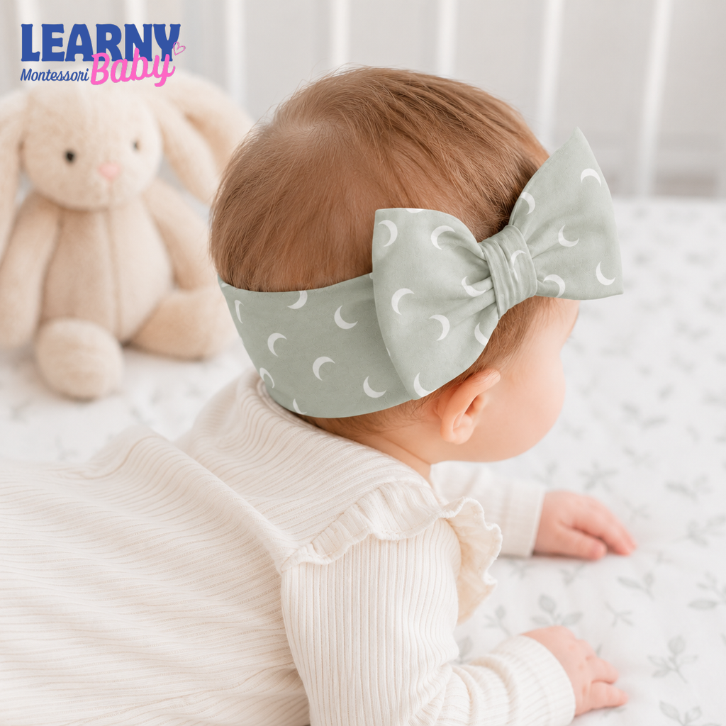 Crescent Moon Bamboo Baby Bow Headband, Sage Green Newborn Headwrap, Celestial Baby Girl Hair Accessory