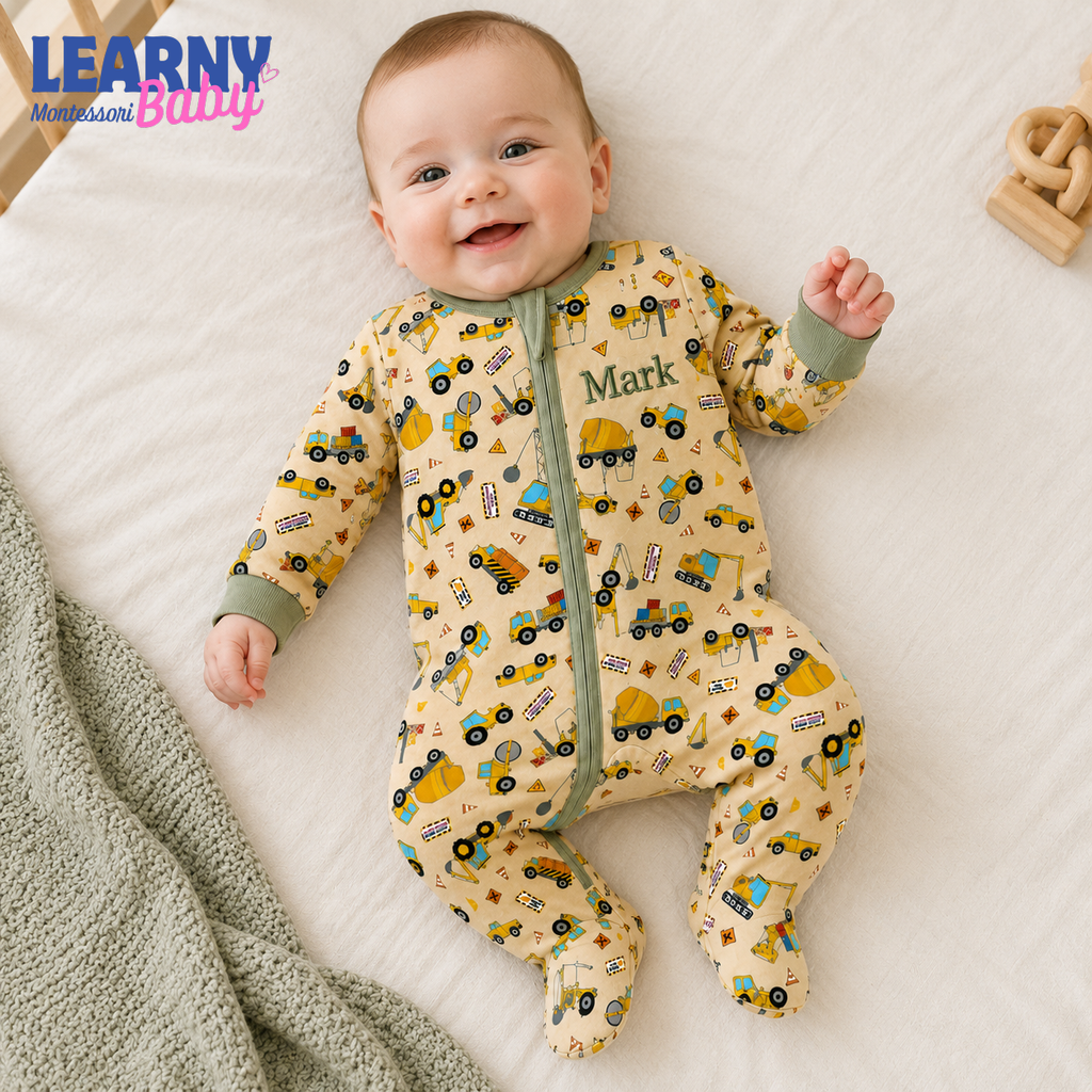 Personalized Construction Trucks Bamboo Footie Zippy for Baby, Construction Vehicle Baby Pajamas, Baby Boy Sleeper