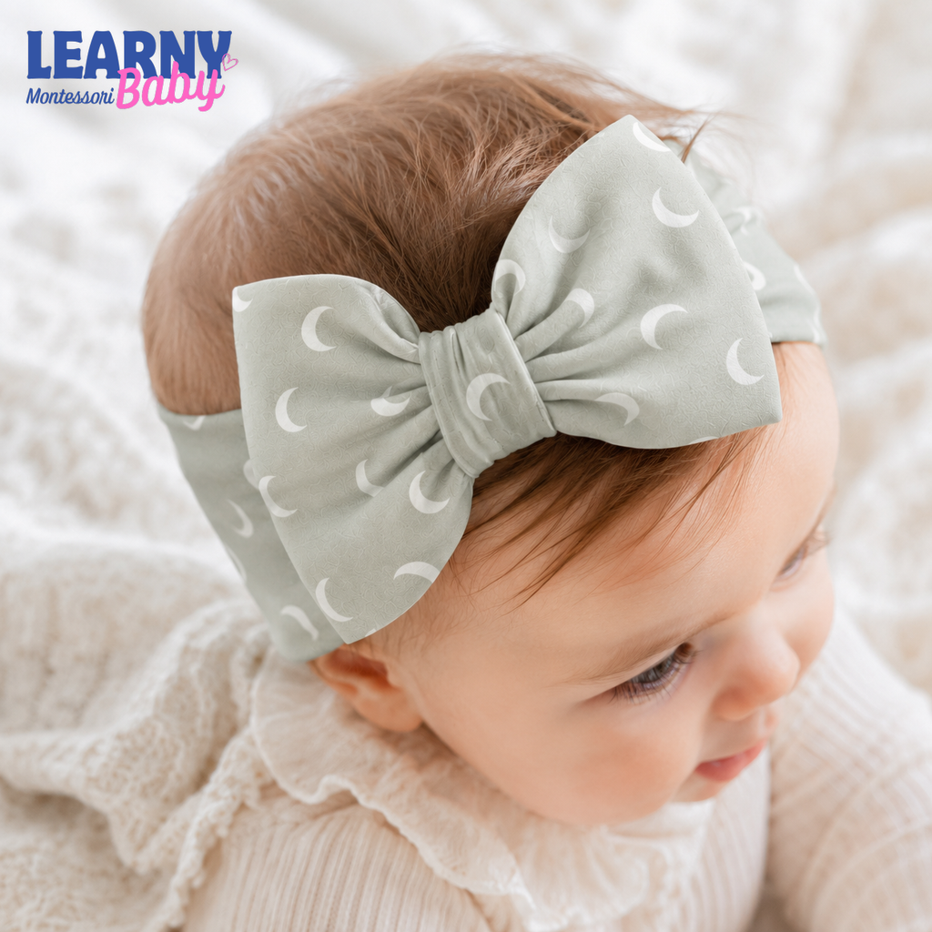 Crescent Moon Bamboo Baby Bow Headband, Sage Green Newborn Headwrap, Celestial Baby Girl Hair Accessory