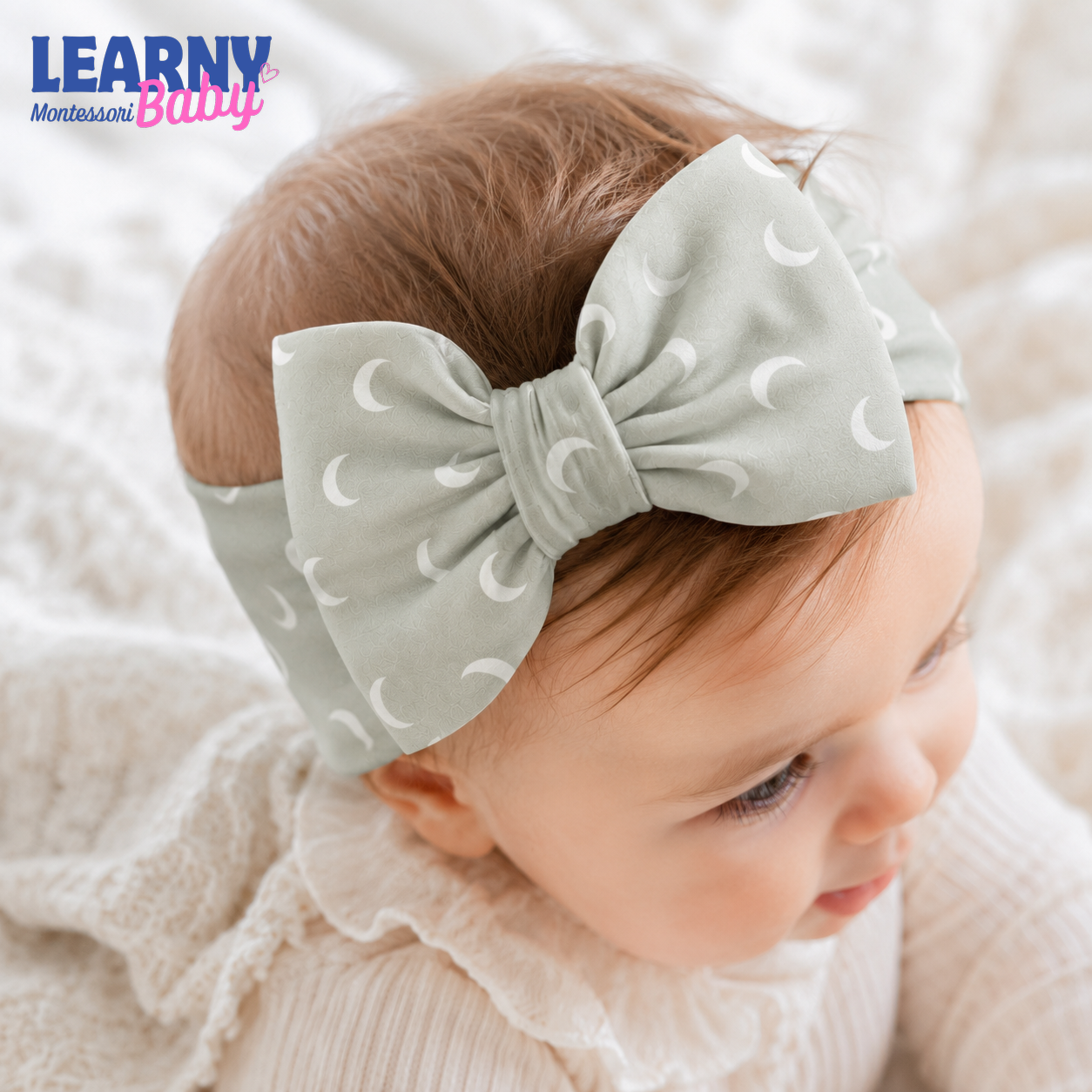 Crescent Moon Bamboo Baby Bow Headband, Sage Green Newborn Headwrap, Celestial Baby Girl Hair Accessory