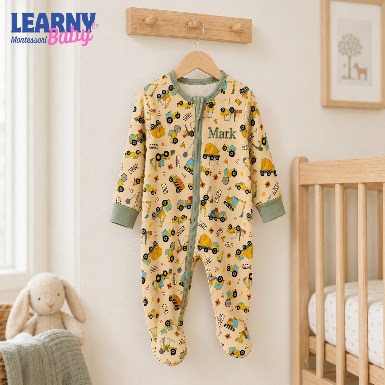 Personalized Construction Trucks Bamboo Footie Zippy for Baby, Construction Vehicle Baby Pajamas, Baby Boy Sleeper