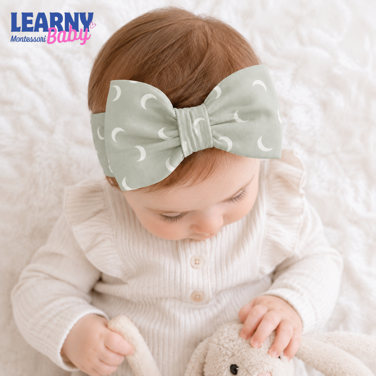 Crescent Moon Bamboo Baby Bow Headband, Sage Green Newborn Headwrap, Celestial Baby Girl Hair Accessory