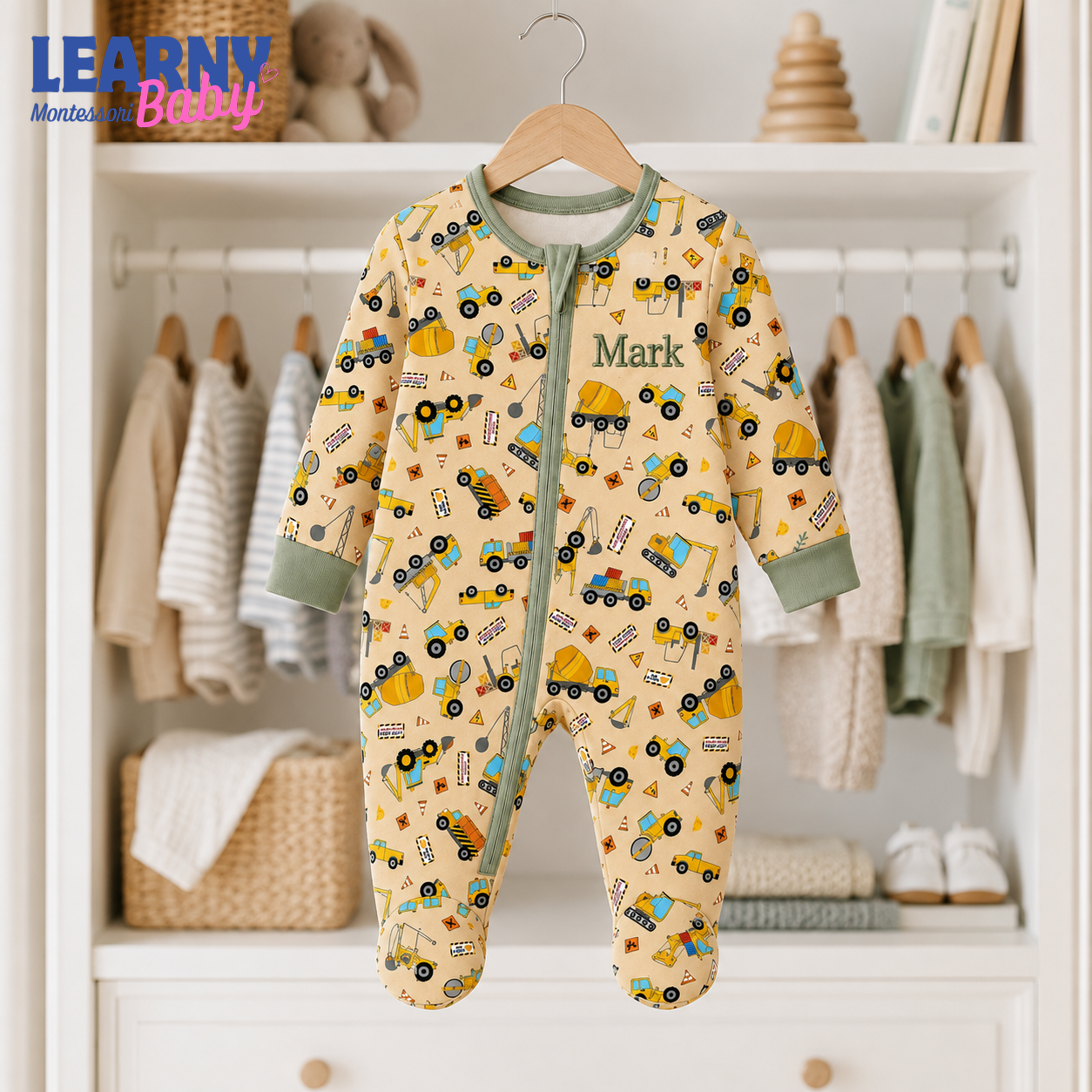 Personalized Construction Trucks Bamboo Footie Zippy for Baby, Construction Vehicle Baby Pajamas, Baby Boy Sleeper