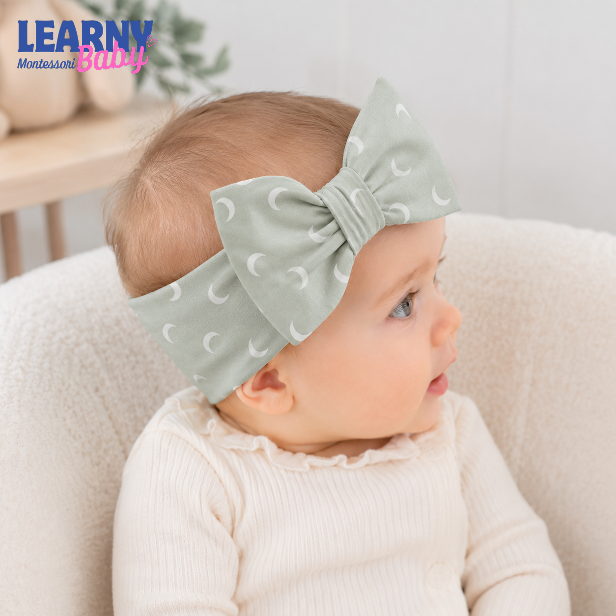 Crescent Moon Bamboo Baby Bow Headband, Sage Green Newborn Headwrap, Celestial Baby Girl Hair Accessory