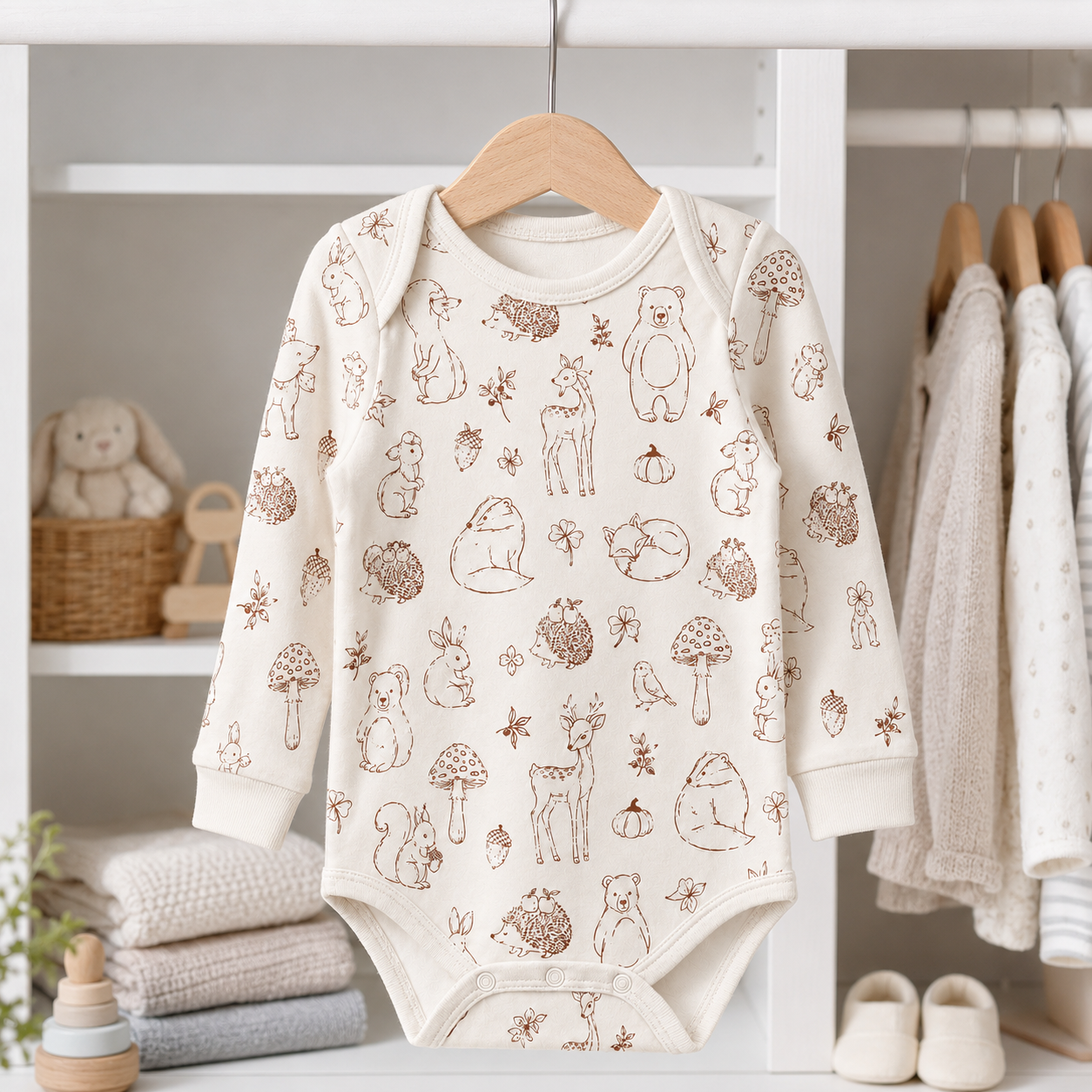 Woodland Animals Bamboo Baby Bodysuit – Forest Friends and Mushroom Infant Onesie