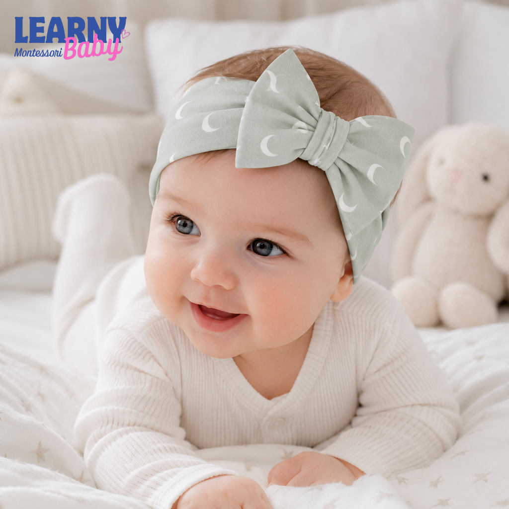 Crescent Moon Bamboo Baby Bow Headband, Sage Green Newborn Headwrap, Celestial Baby Girl Hair Accessory