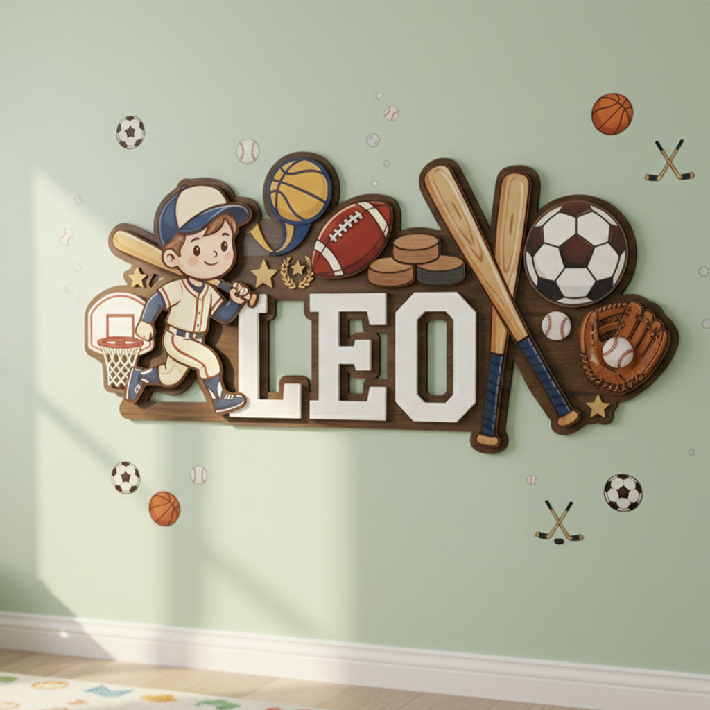 Personalized Nursery Name Sign, Custom Sports Baby Name Sign, All Sports Nursery Wall Decor, Wooden Boy Room Name Plaque