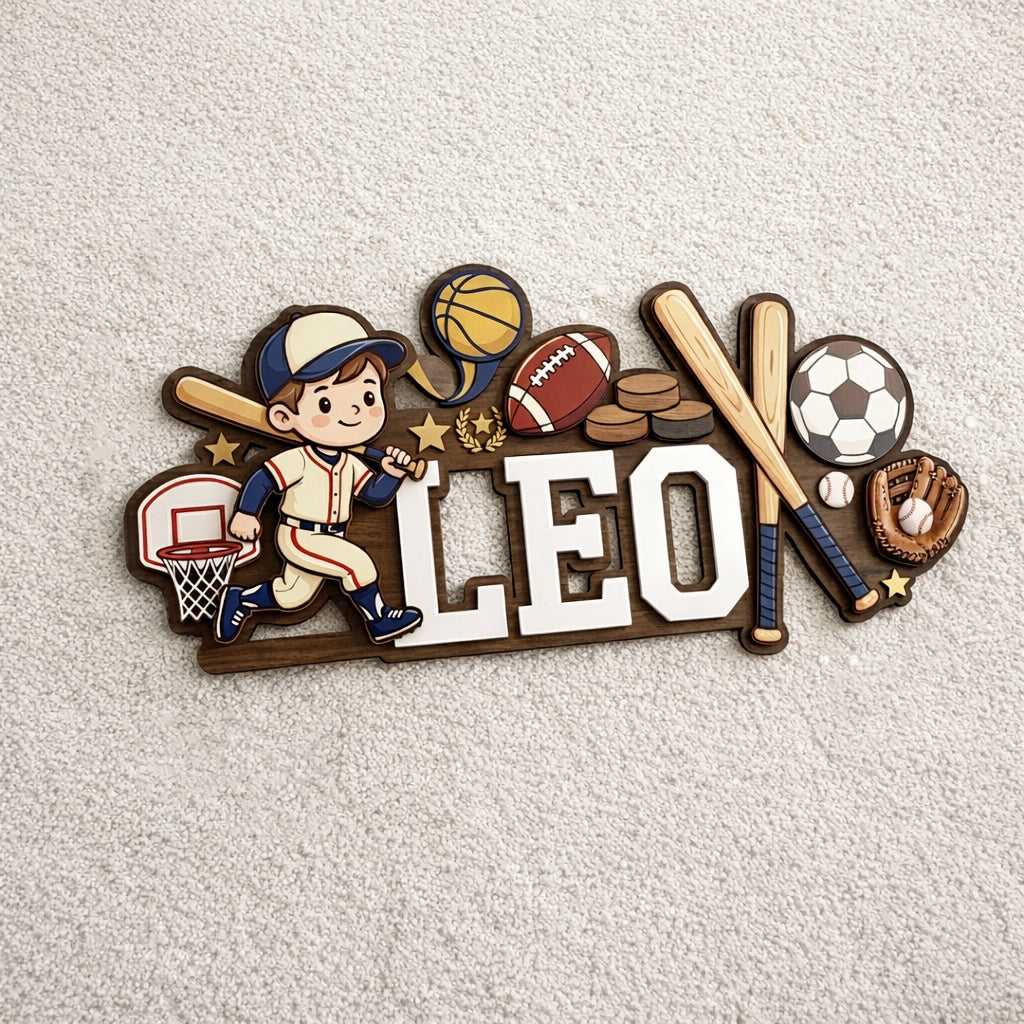 Personalized Nursery Name Sign, Custom Sports Baby Name Sign, All Sports Nursery Wall Decor, Wooden Boy Room Name Plaque