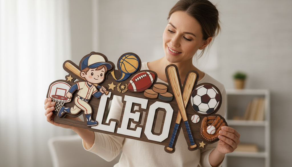 Personalized Nursery Name Sign, Custom Sports Baby Name Sign, All Sports Nursery Wall Decor, Wooden Boy Room Name Plaque