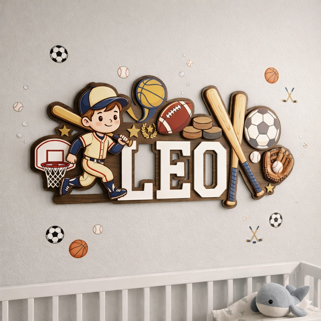 Personalized Nursery Name Sign, Custom Sports Baby Name Sign, All Sports Nursery Wall Decor, Wooden Boy Room Name Plaque