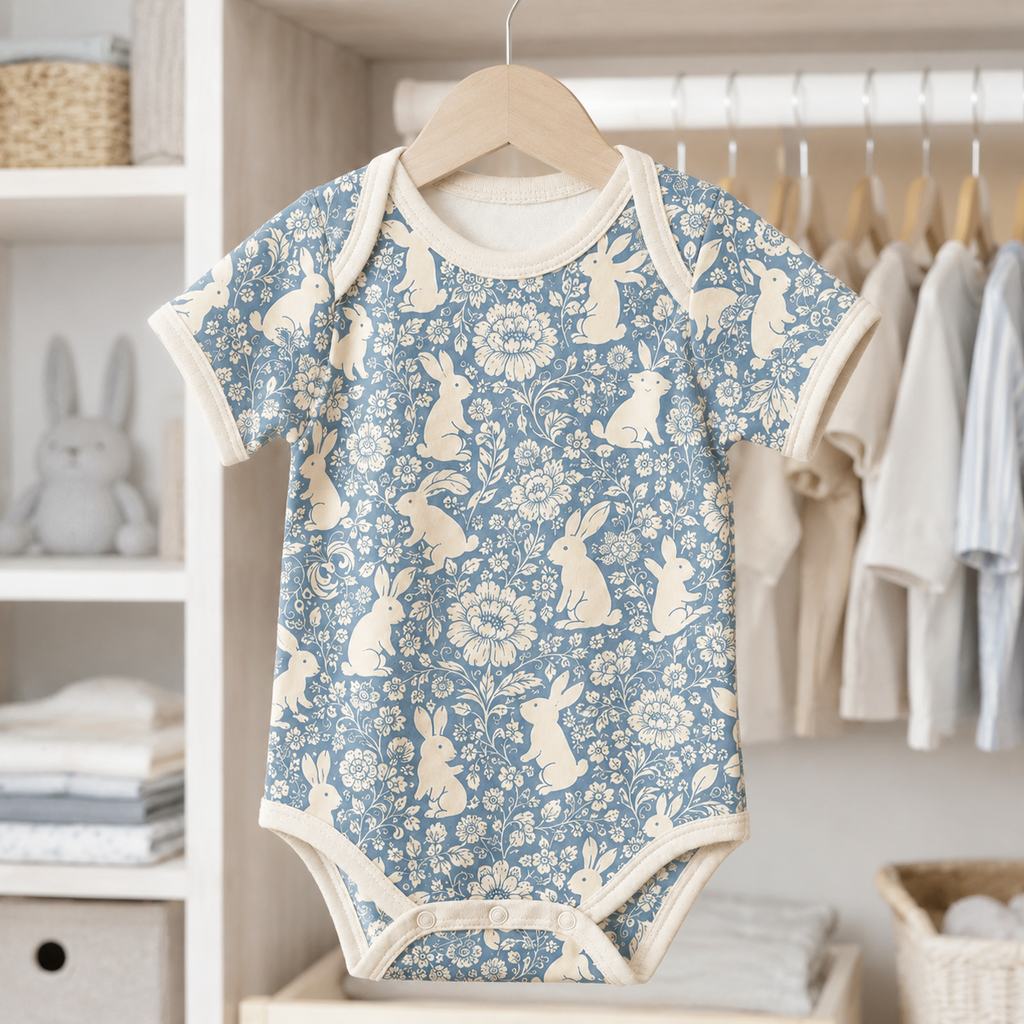 Floral Bunny Bamboo Baby Bodysuit – Blue Botanical Rabbit Infant Onesie