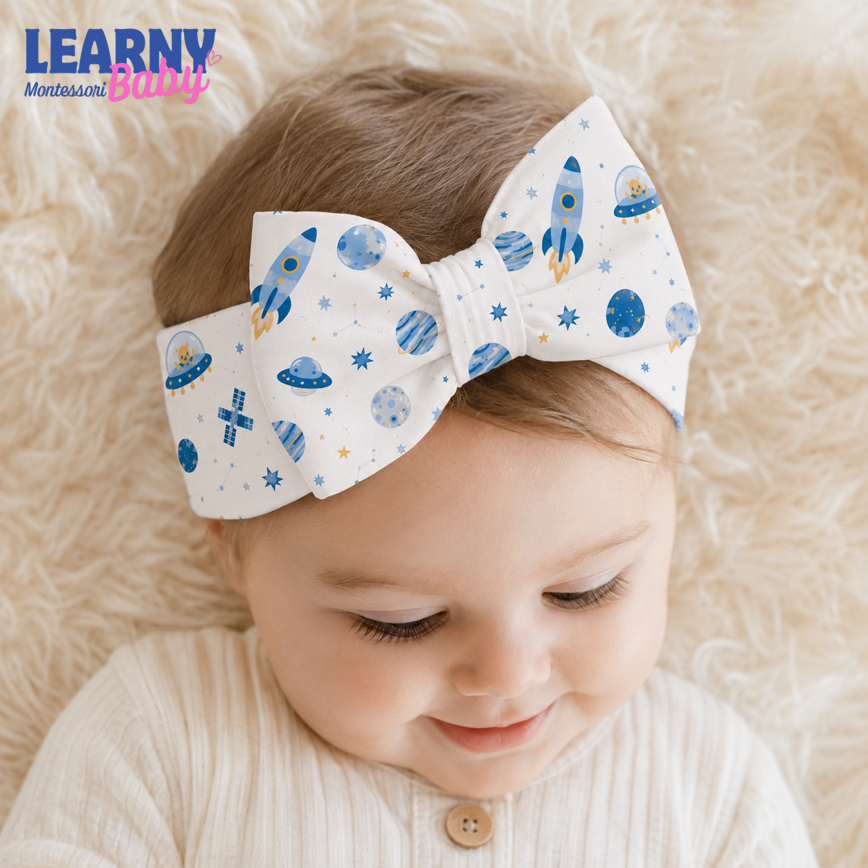Space Rocket Bamboo Baby Bow Headband, Galaxy Newborn Headwrap, Planet and Star Baby Girl Hair Accessory