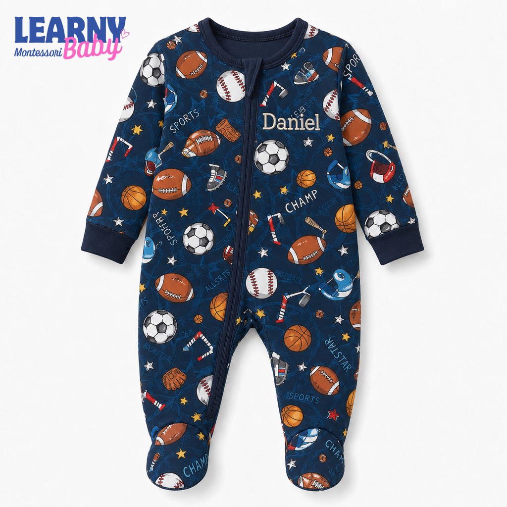 Personalized Sports Bamboo Footie Zippy for Baby, Football Baseball Baby Pajamas, Custom Name Sleeper