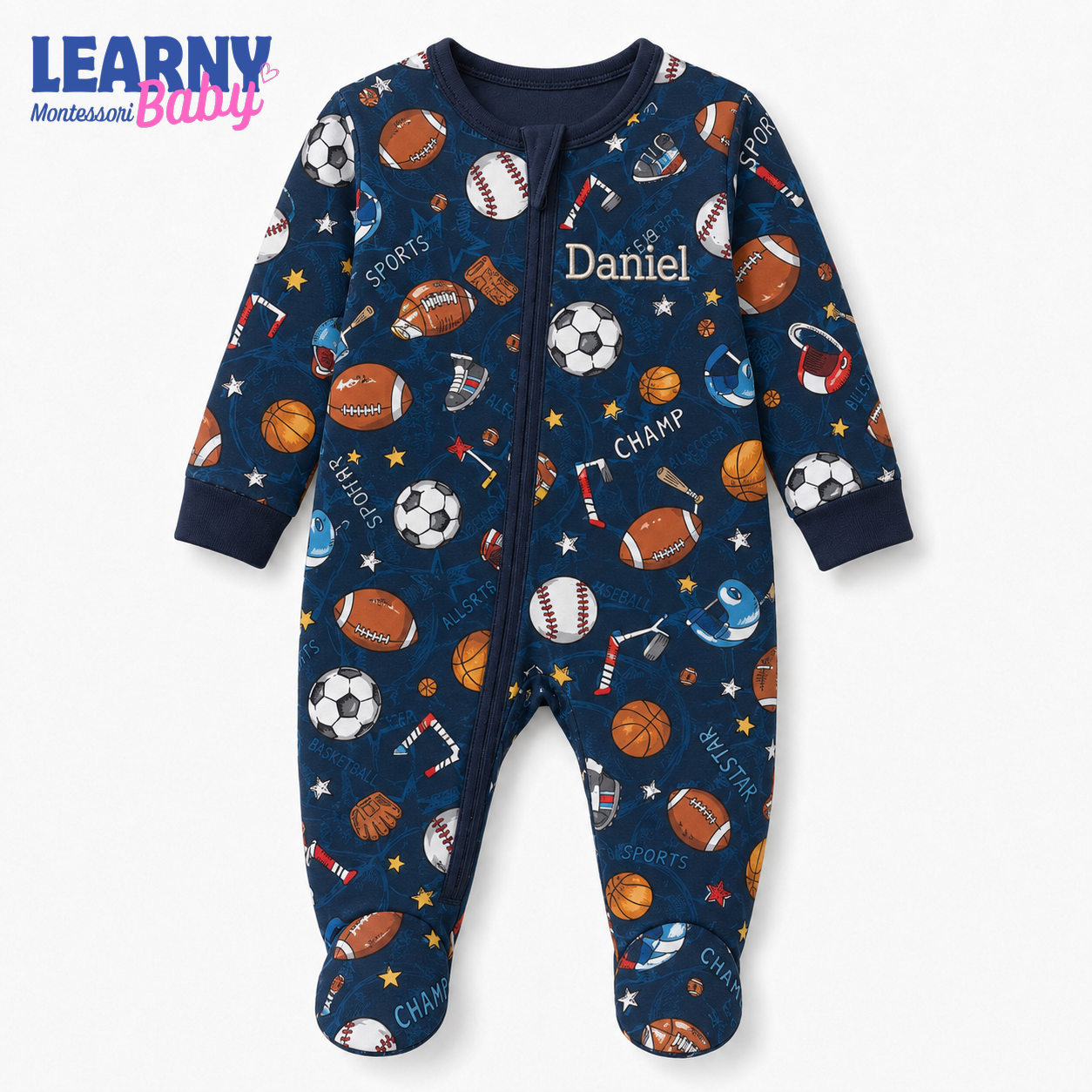 Personalized Sports Bamboo Footie Zippy for Baby, Football Baseball Baby Pajamas, Custom Name Sleeper
