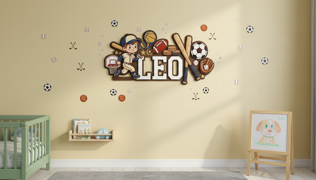 Personalized Nursery Name Sign, Custom Sports Baby Name Sign, All Sports Nursery Wall Decor, Wooden Boy Room Name Plaque